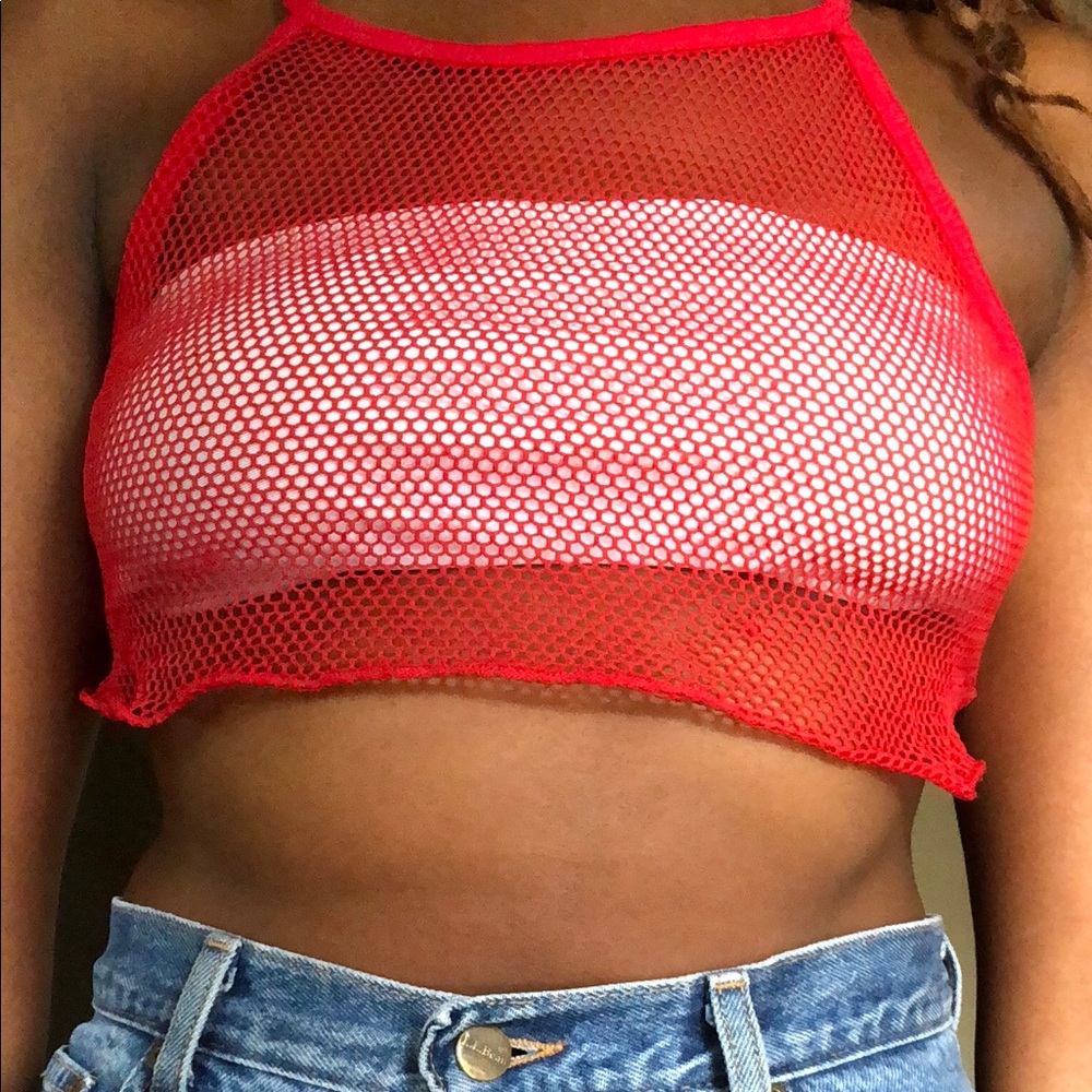 Red mesh crop top